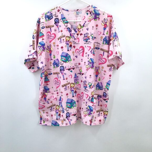 H.Q. Scrubs Tops - CUTE 2X 3X Pink Scrubs Desperate Housecats Cats Kitty Pattern 3 Pockets S/S